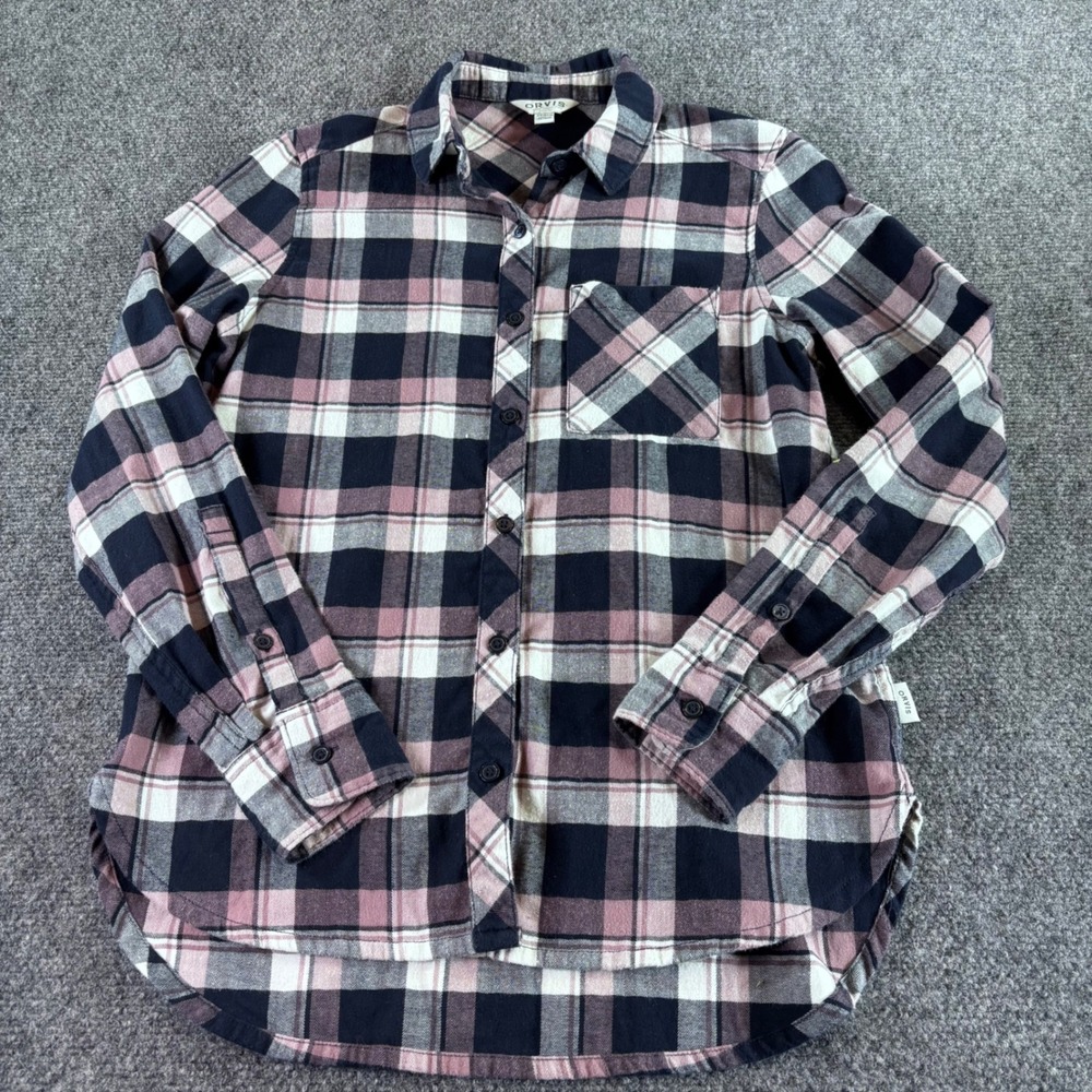 Orvis Flannel Button Down Shirt Womens XS Purple Navy Plaid Long Sleeve Stretch‎